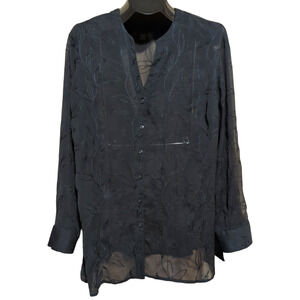 EVAN-PICONE Black Sheer Embroidered Floral Button V-neck Top Plus 2X